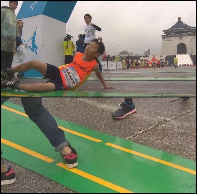 台北有長跑賽事，就係檢查線嘅地台搞到選手搧到攤攤腰。