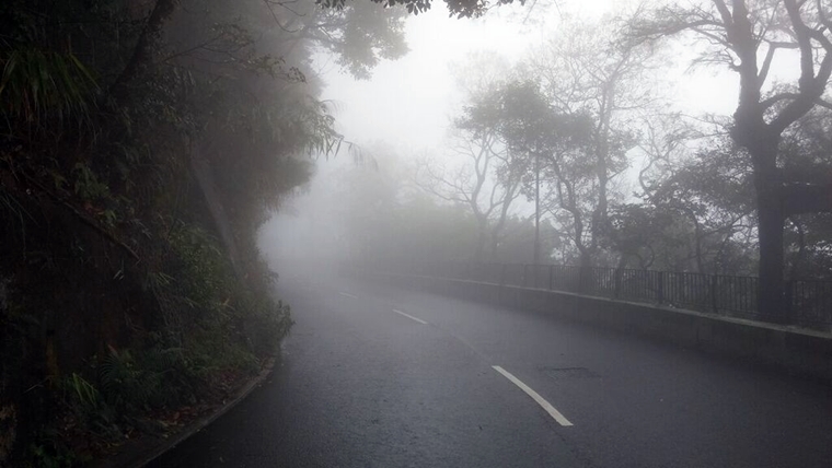 山頂大霧得只看見前面幾十米的路