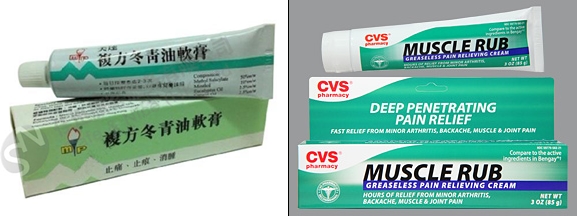 左為香港中毒諮詢中心點名的冬青膏，右為外國可買到含有「甲基水楊酸」的藥膏。